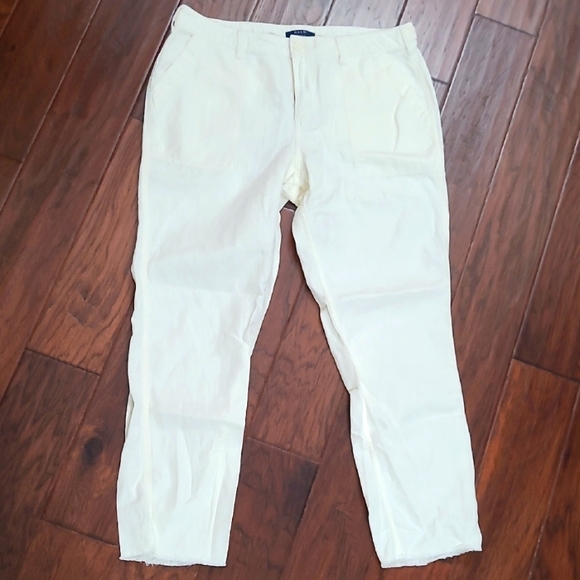 Kaari Blue Cream Linen Blend Ankle Pants with Fringe Hem size 12 - Picture 1 of 10